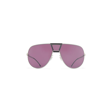 RIMOWA × MYKITA MR005 Aviator Sunshield zonnebril White Silver/Pitch Black / Mulberry (S) – vooraanzicht